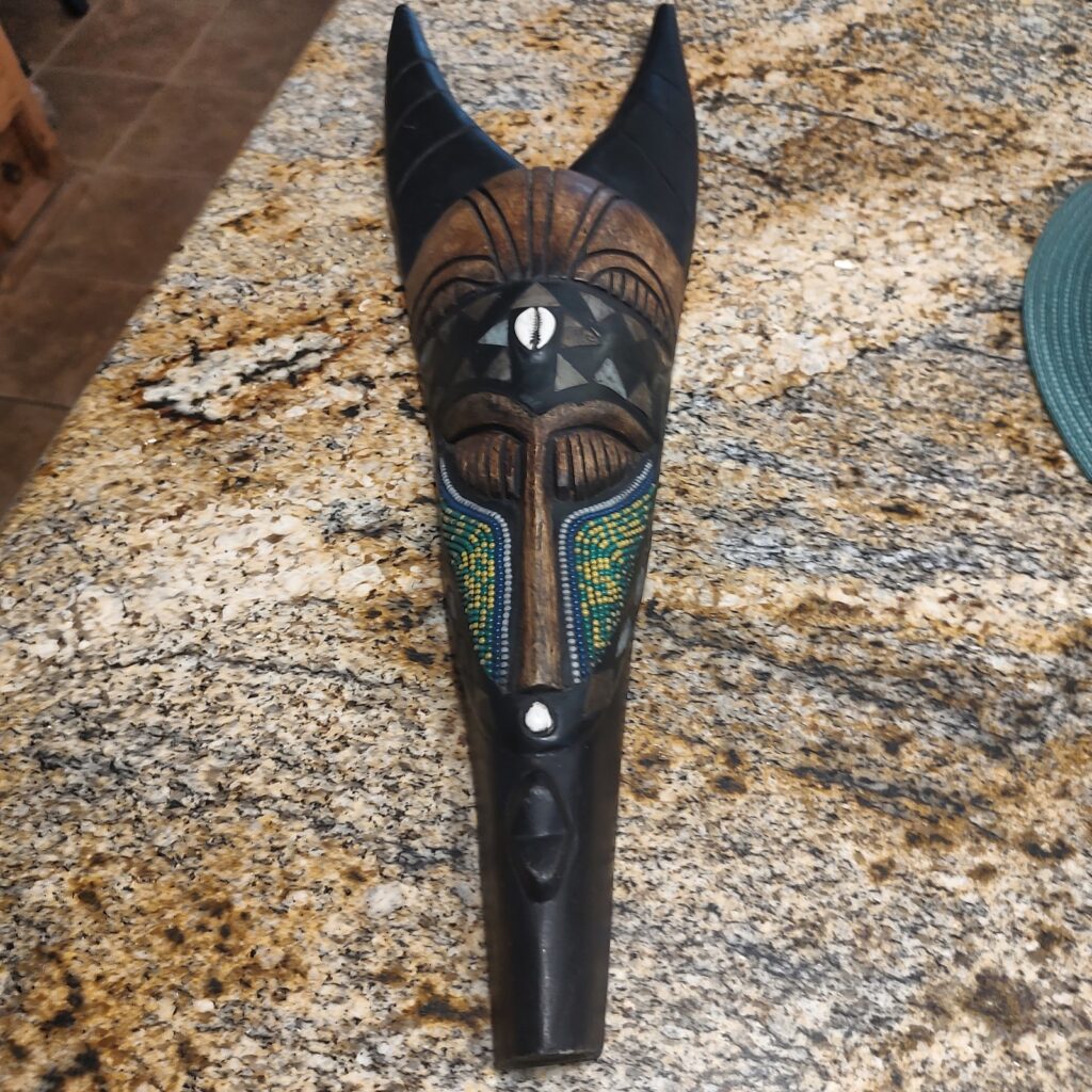 African Tribal Carved Wood Wall Mask Beaded Cowrie Shell Decor Art Gently Used