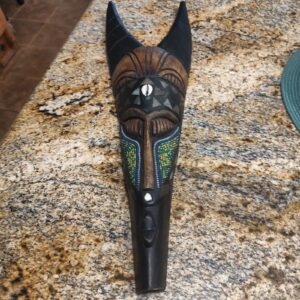 African Tribal Carved Wood Wall Mask Beaded Cowrie Shell Decor Art Gently Used