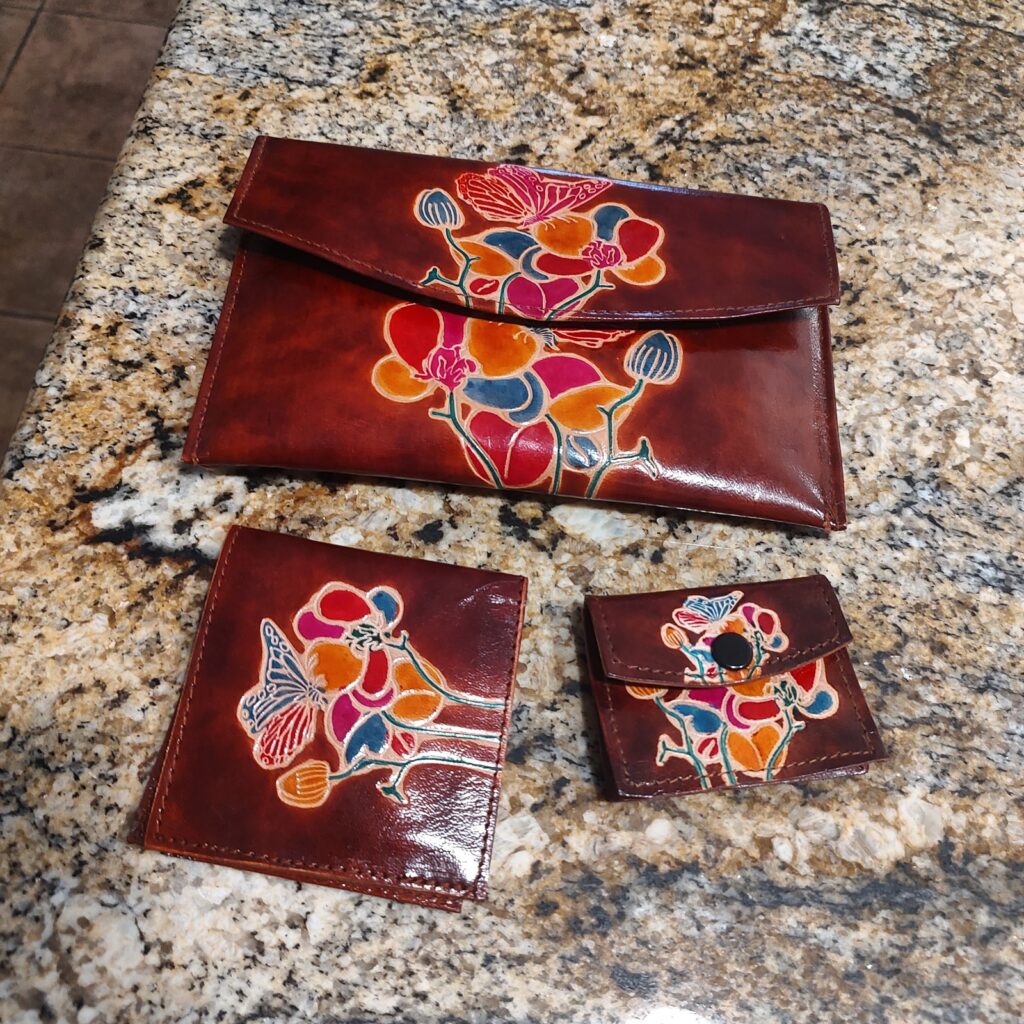 New Brown Leather Floral Butterfly Hand Painted Accessory Set Wallet Pouch