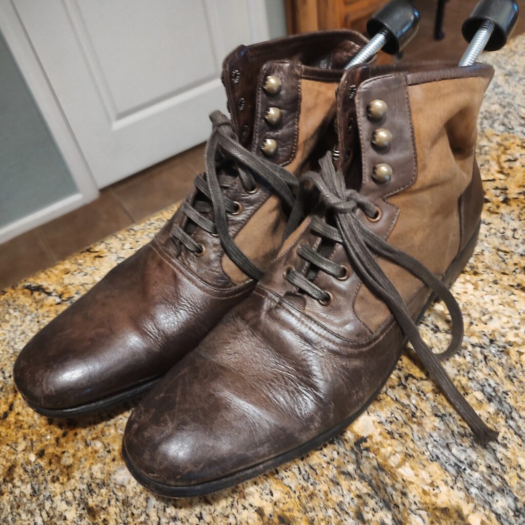 John Varvatos Mens 10.5 Distressed Leather Canvas Boots Dark Brown Tan Used