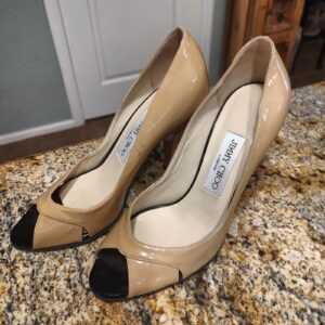 Used Jimmy Choo Womens 6 Nude Tan Black Patent Leather Peep Toe Heels