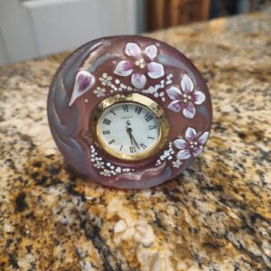 Vintage Fenton Frosted Plum Mauve Hand Painted Floral Glass Desk Clock 2.75"