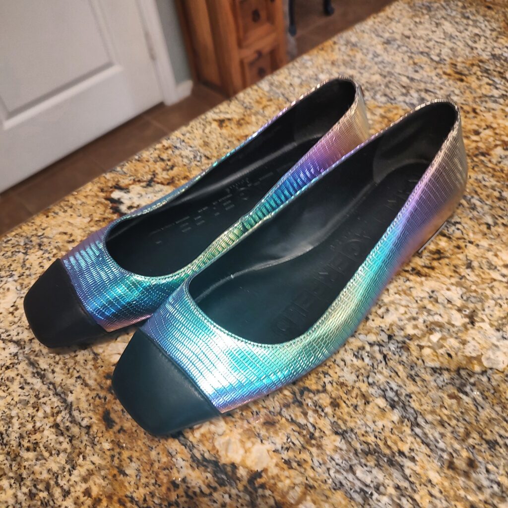 KARL LAGERFELD PARIS ZAYNA Iridescent Ballet Flats 10M Multi Black Gently Used