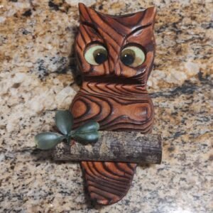 Vintage Witco Seventies Carved Wood Owl Wall Hanging 6" H Natural Branch