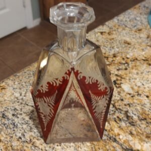 Vintage Red Etched Glass Decanter 7.5" H Liqueur Whiskey Barware No Stopper