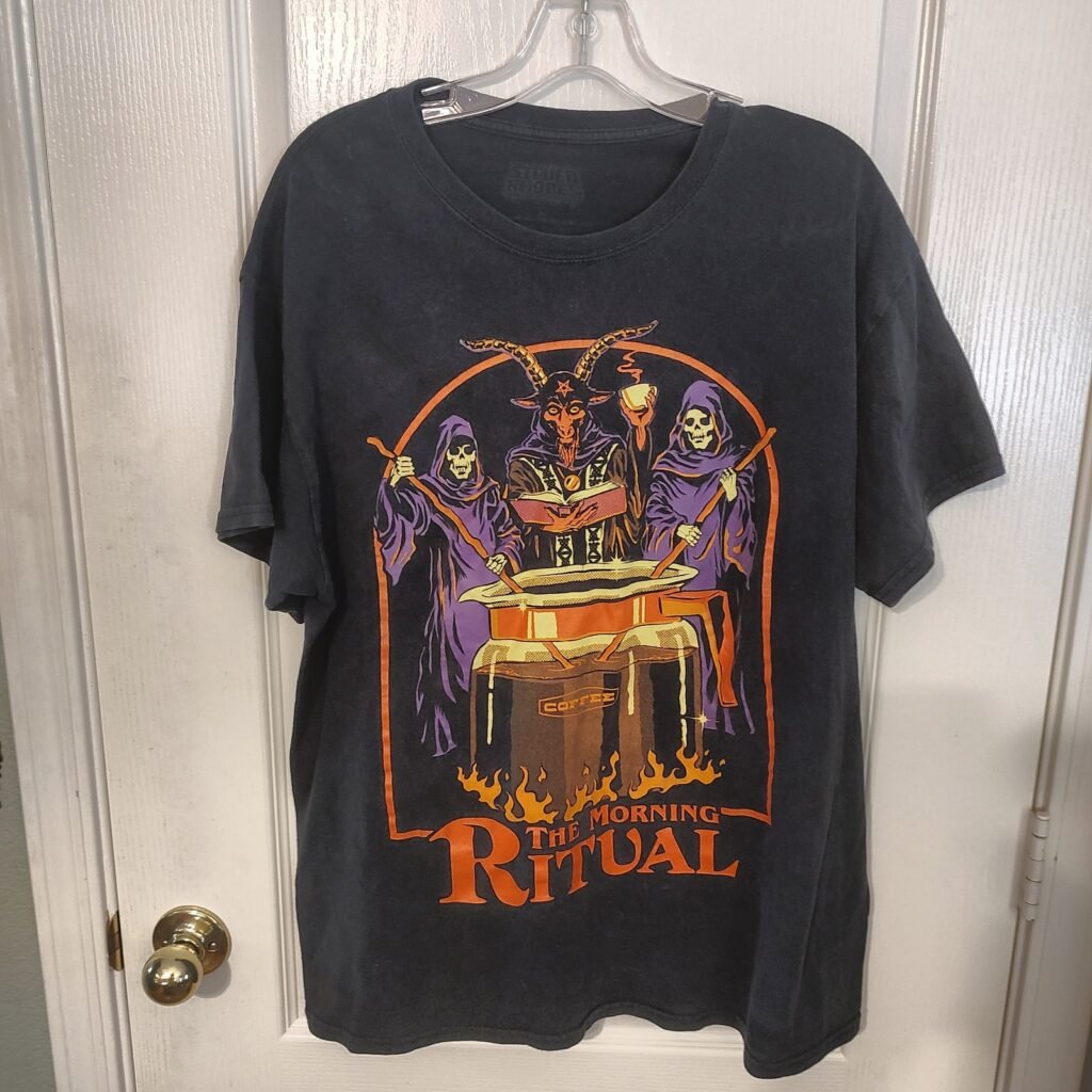 STEVEN RHODES Graphic T-Shirt L Faded Black Excellent Used Acid Wash Tee Unisex