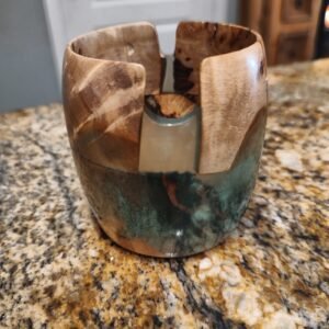 Excellent Wood Resin Yarn Bowl Handcrafted Knitting Crochet Holder Brown Teal Gr