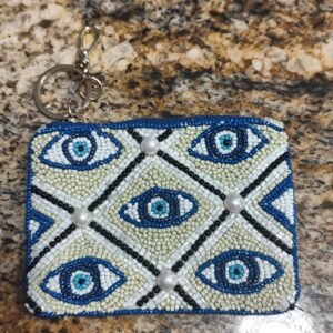Anthropologie Eye Beaded Glass Pearl Coin Purse Pouch Blue White Black Womens