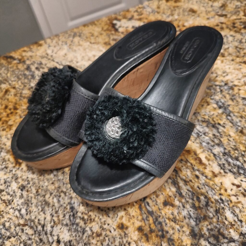 COACH Jazmin Wedge Sandals Womens 5.5 B Black Cork Leather Moderate Wear